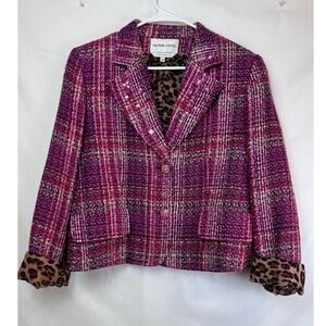 Victor Costa Womens 12 Pink Metallic Long Sleeve Leopard Print Jeweled Blazer